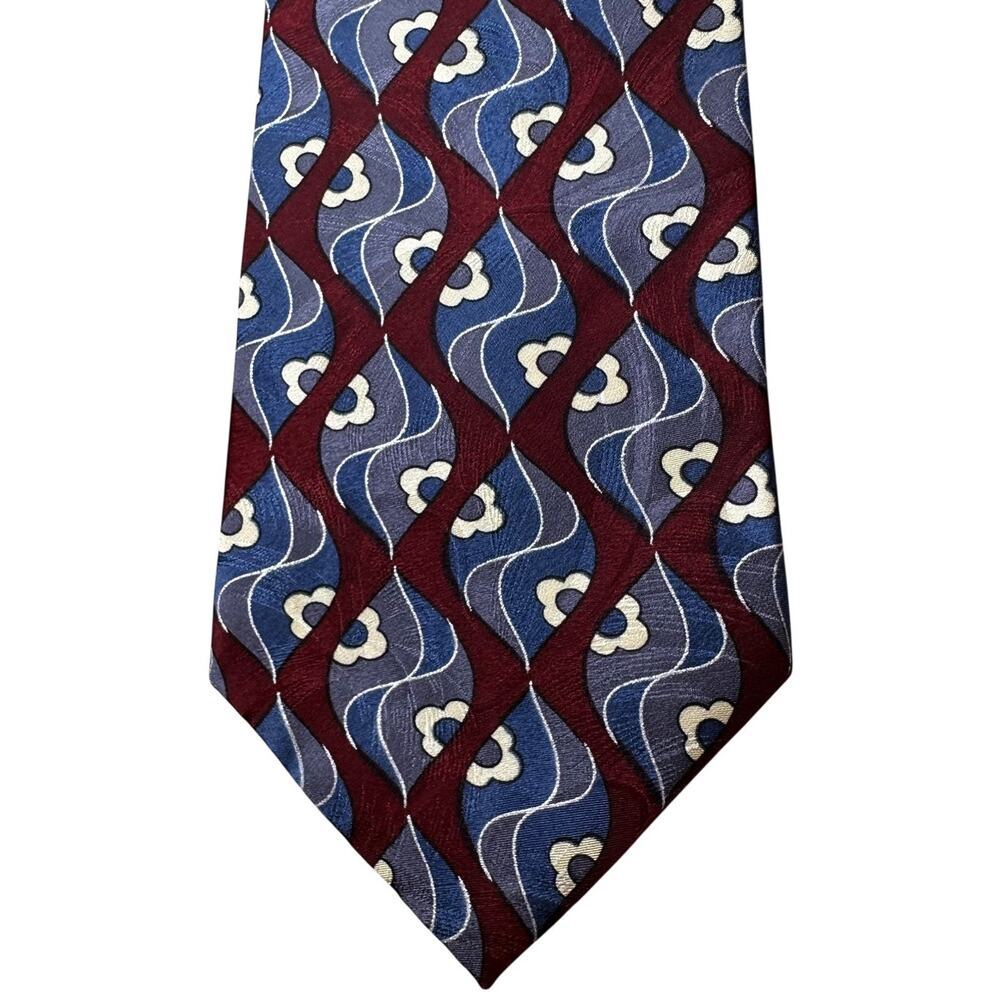 Vintage 80’s Oscar De La Renta Silk Men’s Neck Tie Maroon‎ Blue Geometric USA